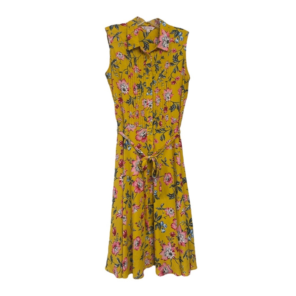 Nanette Lepore Dress Pintuck Floral Yellow Sleeveless Button Front Belted Size 4